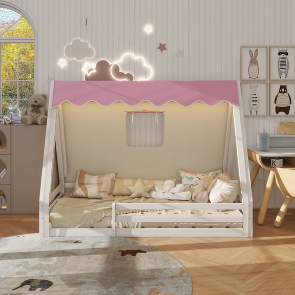 Twin Size House Floor Bed with Tent and Light, Solid Wood Teepee Floor Bed with Full-length Guardrails, Montessori and Childlike Design, White Pink