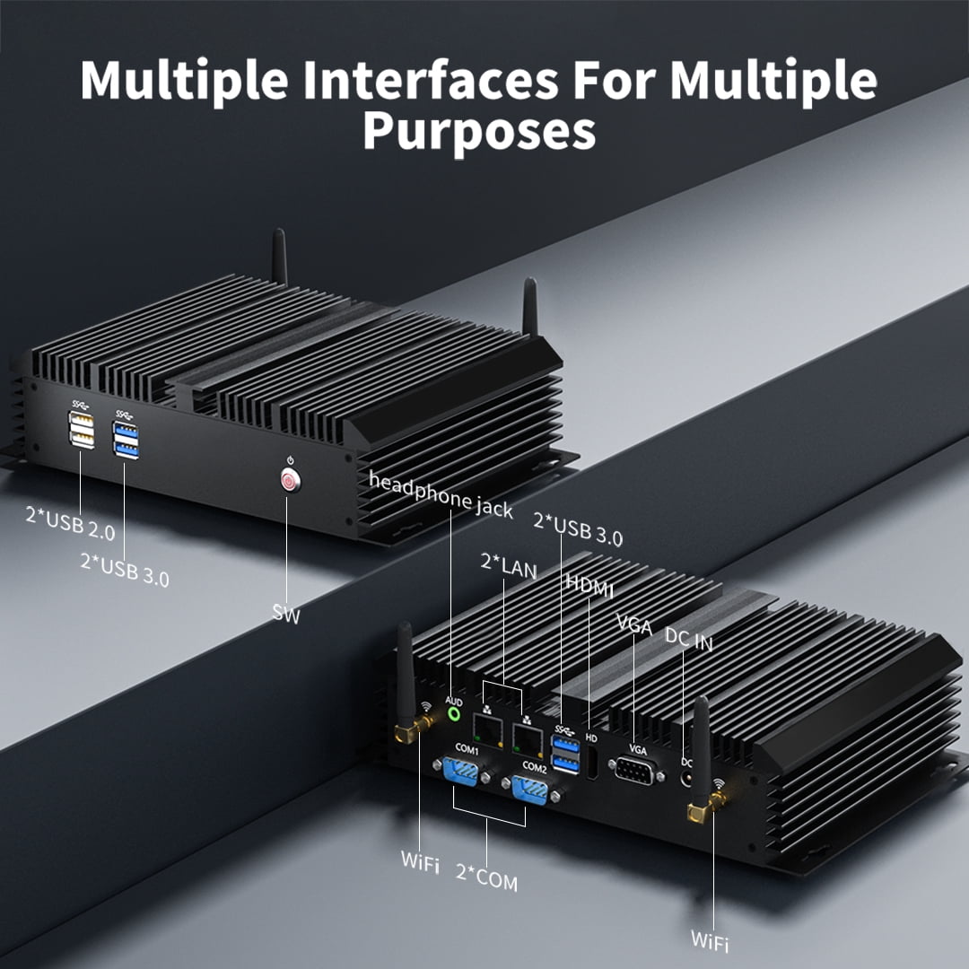 Fanless Mini Industrial PC, Desktop Computer Core i3-5005U Windows 10 Pro, 8GB RAM 128GB SSD, 2xNICs, 2*COM RS232, 4xUSB3.0, Dula-Band WiFi, HDMI/VGA Ports, Gigabit LAN, Auto Power On