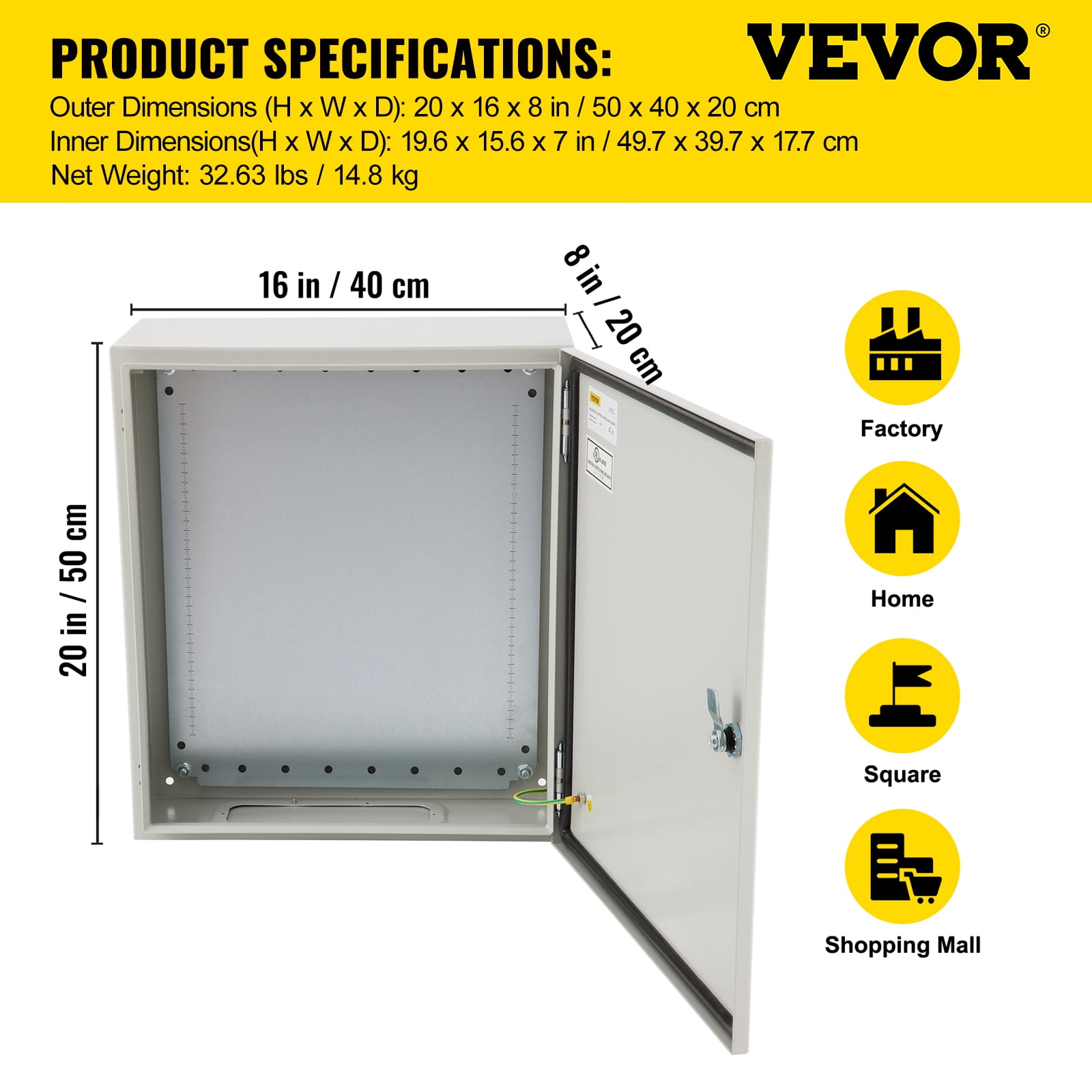 VEVOR Electrical Enclosure, 20'' x 16'' x 8'', UL Certified NEMA 4 Outdoor Enclosure, IP65 Waterproof & Dustproof Cold-Rolled Carbon Steel Hinged Junction Box for Outdoor Indoor Use, with Rain Hood