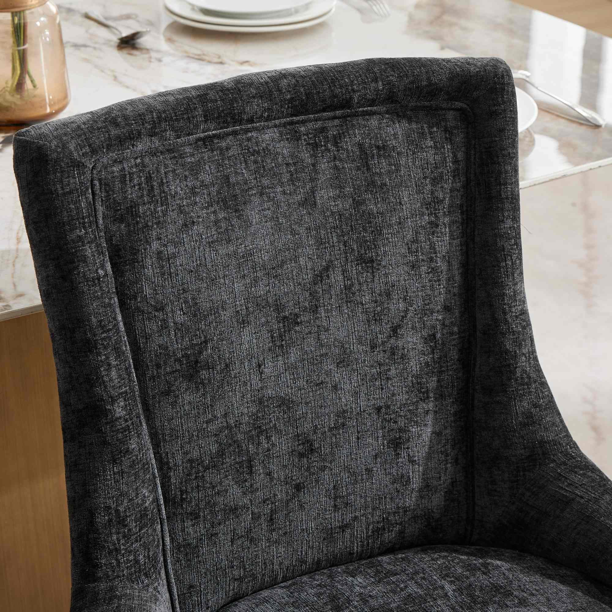 BSHTI Chenille Dining Chairs Set of 2, Black Fabric Upholstered Chairs with Curved Gold-Plated Legs & Rivet Trim – Stylish Dining or Lounge Accent Chairs, One-Piece Sturdy Frame