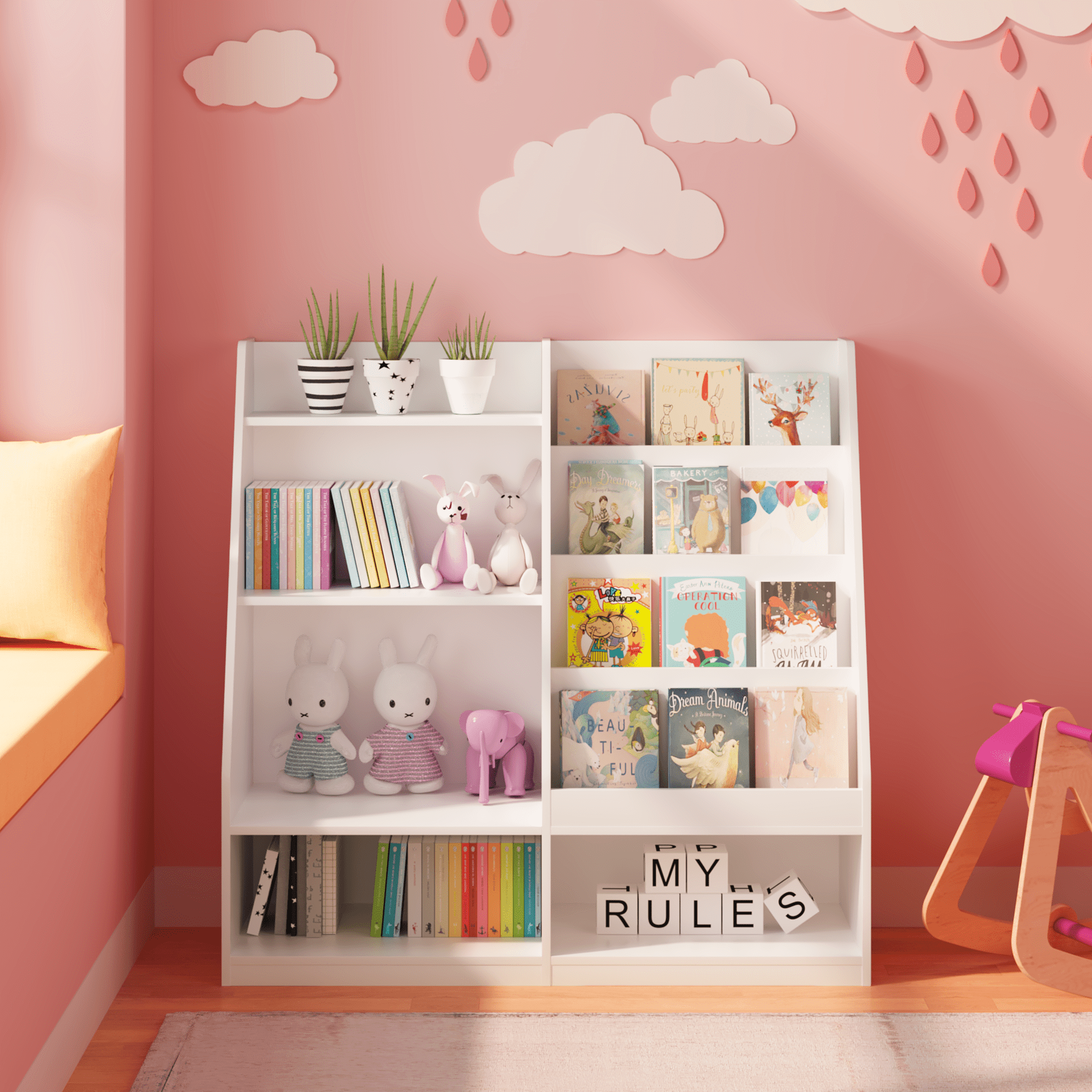 Kids Bookshelf and Toy Storage Organizer, Multifunctional 4 Tier Wooden Kids Book Shelf with Bookcase Display Stand in Kids Room Playroom Nursery for Kids, Children, Toddlers (White)