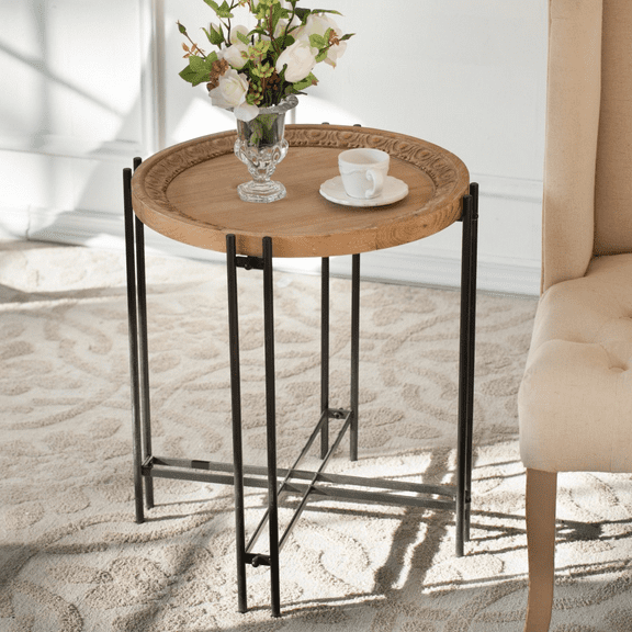 GZXS Modern Round Accent Table with Wood Top and Pin-Leg Metal Base, 21.3" Circle Side Table for Small Spaces (Brown Black)