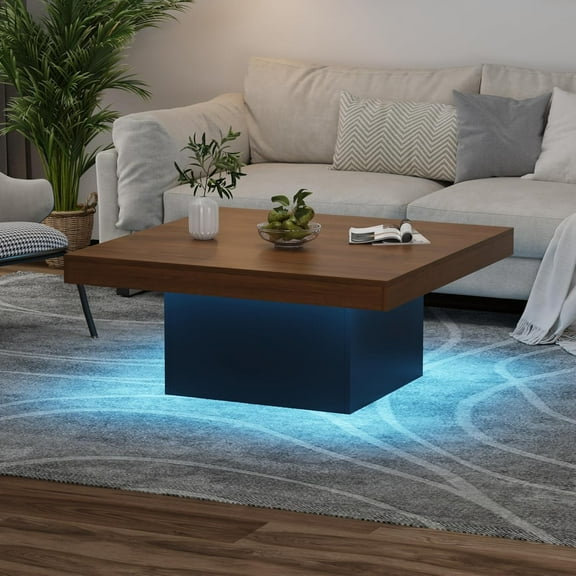 35 Inch Square Coffee Table with Led Lights, Cocktail Table Farmhouse Wood Small Living Room Table with Leg Lights 35 inch Living Room Tables, Modern Coffee Tables with Plug-in 16-Color LED Lights