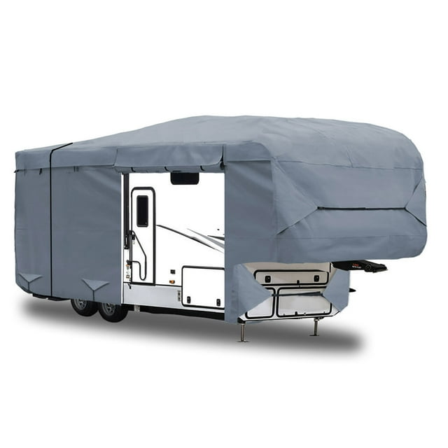 Housse de 5e Roue pour VR, 5 Couches, Convient à 24 Pieds - 26 Pieds, avec Sangles Latérales Renforcées Coupe-Vent, Anti-UV, Résistante à l'Eau, Robuste, pour Autocaravane, Roulotte