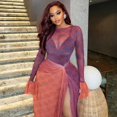 thumbnail image 5 of Women's O-Neck Long Flare Sleeve Pleated Split Asymmetrical Long Dress, Gauze Spliced, Slight Perspective, Sexy, 5 of 17