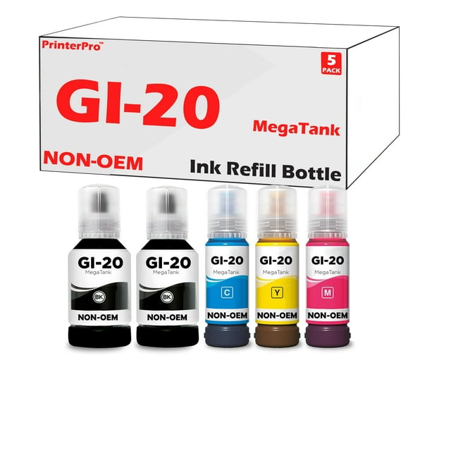 PrinterPro™ 5PK Compatible Ink Refill Bottle Replacement for Canon GI20 GI-20 GI 20 MegaTank Ink - Canon PIXMA G5020, PIXMA G6020, PIXMA G7020