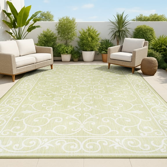 JONATHAN Y SANTA MONICA 8 x 10 Area Rug, Charleston Vintage Filigree Textured Weave - Green/Cream, SMB106H-8