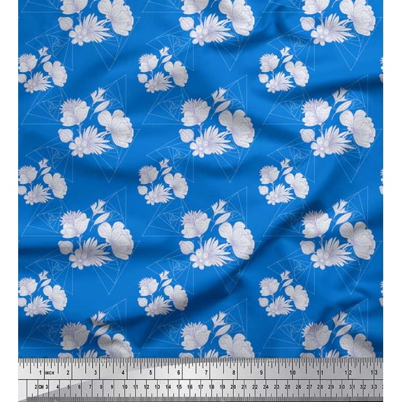 Soimoi Blue Silk Fabric Artistic Flower & Geometric Fabric Prints By Yard 42 Inch Wide