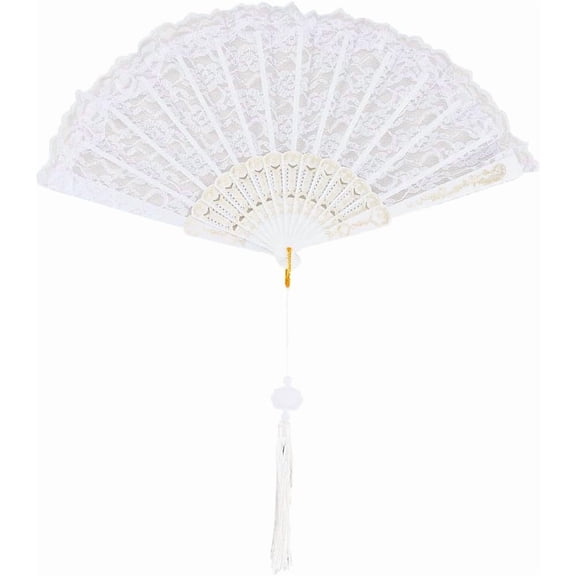 White Lace Folding Fan Line Dance Popping Fan Lolita Embroidered Foldable Fan Clack Fan for Dancing Performence Party Wedding Decor Tea Party Fans Protable Cooling Hand Fan 10in