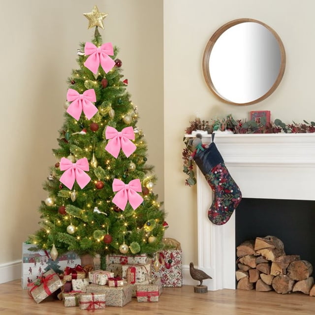 Paquete de 3 lazos de terciopelo para la punta del árbol de Navidad, decoraciones navideñas en blanco, rojo, amarillo, verde y rosa | Lazos para envolver regalos navideños en interiores y