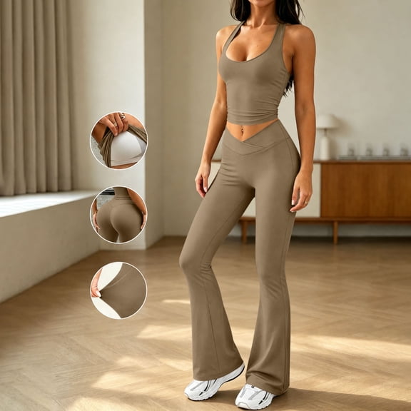Athletic Outfit Sets 2 Piece Women Solid U Neck Racerback Crop Tank Cross Waist Flare Leggings Coffee XXL