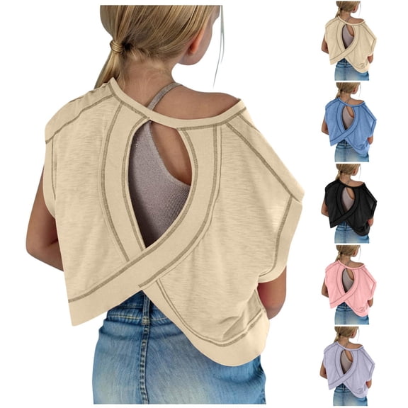 Resicozy Open Back Short Sleeve Shirt for Girls Trendy Athletic Shirts Boat Neck Casual Running Tee Y2k Yoga Gym Tops Beige 140
