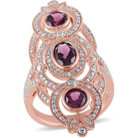 Tangelo 2-1/4 Carat T.G.W. Rhodolite and 1/10 T.W. Diamond Rose Rhodium-Plated Sterling Silver Three-Stone Halo Ring