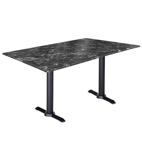 Two Indoor/Outdoor 30" Tall OD211EB Black Table Bases with a 22" Foot and a 30" x 48" Indoor/Outdoor Black Marble Top by the Holland Bar Stool Co.