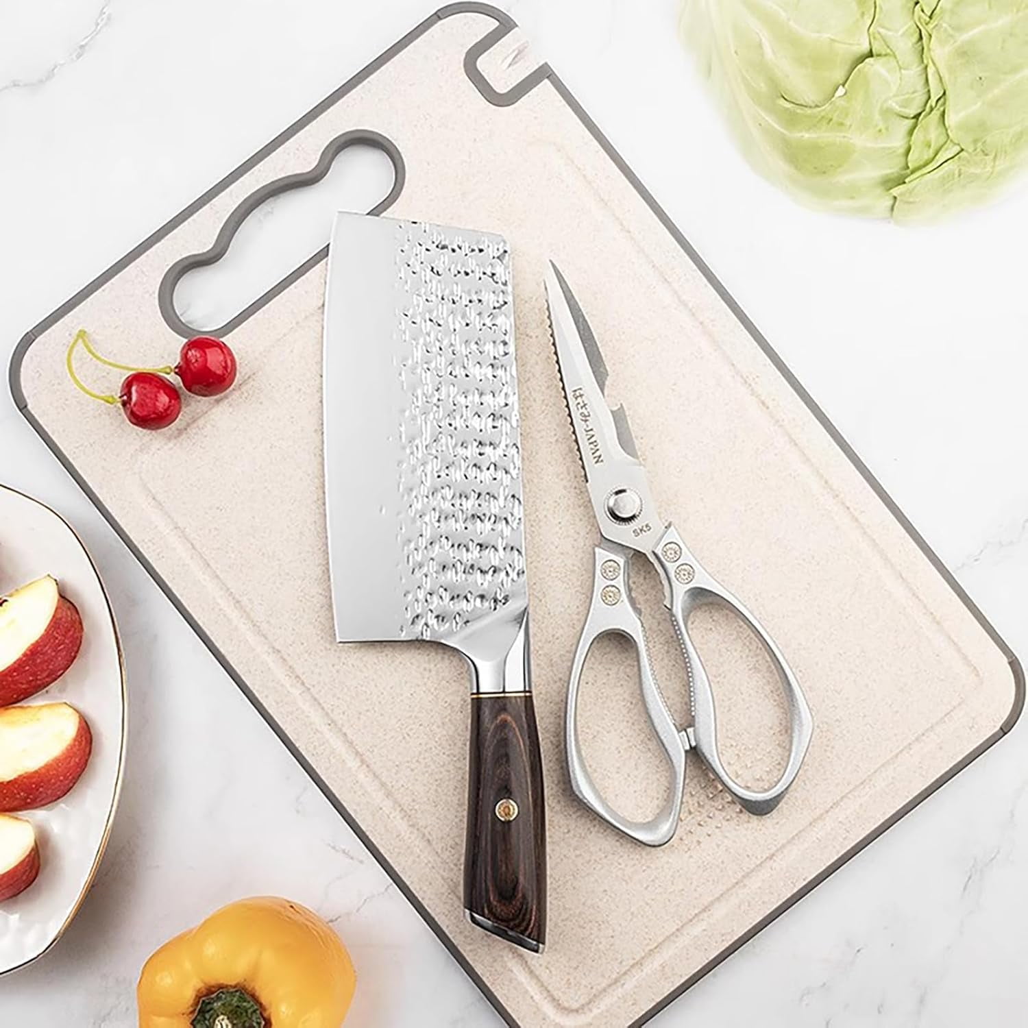 14.3" x 9.8" Titanium Cutting Board with Built-In Knife Sharpener, Double-Sided Durable Surface with Juice Groove, Easy-Clean Kitchen Chopping Board (Titanium + Wheat Straw)