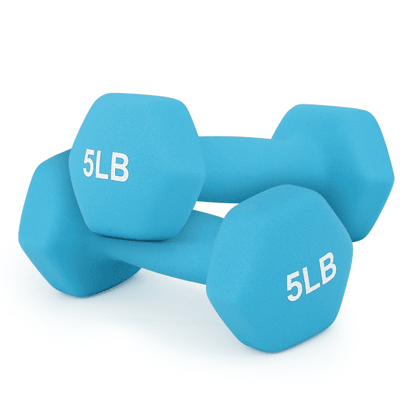 RTRWDC 2-piece set of chloroprene rubber coated dumbbells weighing 5 pounds per piece, blue anti slip grip, home fitness strength training equipment