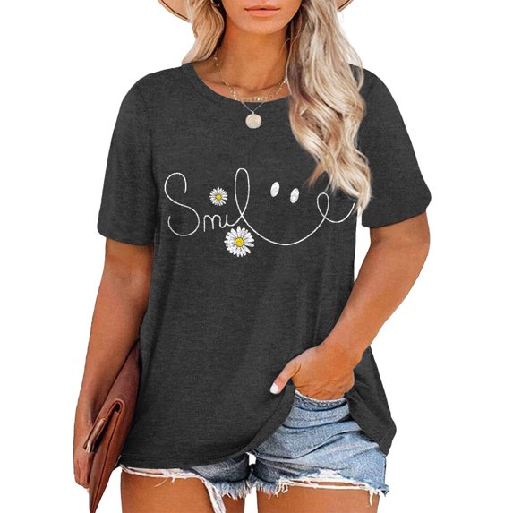 Pop Seller Women'S Cute Printed Short Sleeve Round Neck Front Shoulder Vintage Short Sleeve Summer Loose Shirt Top Dark Gray 2XL