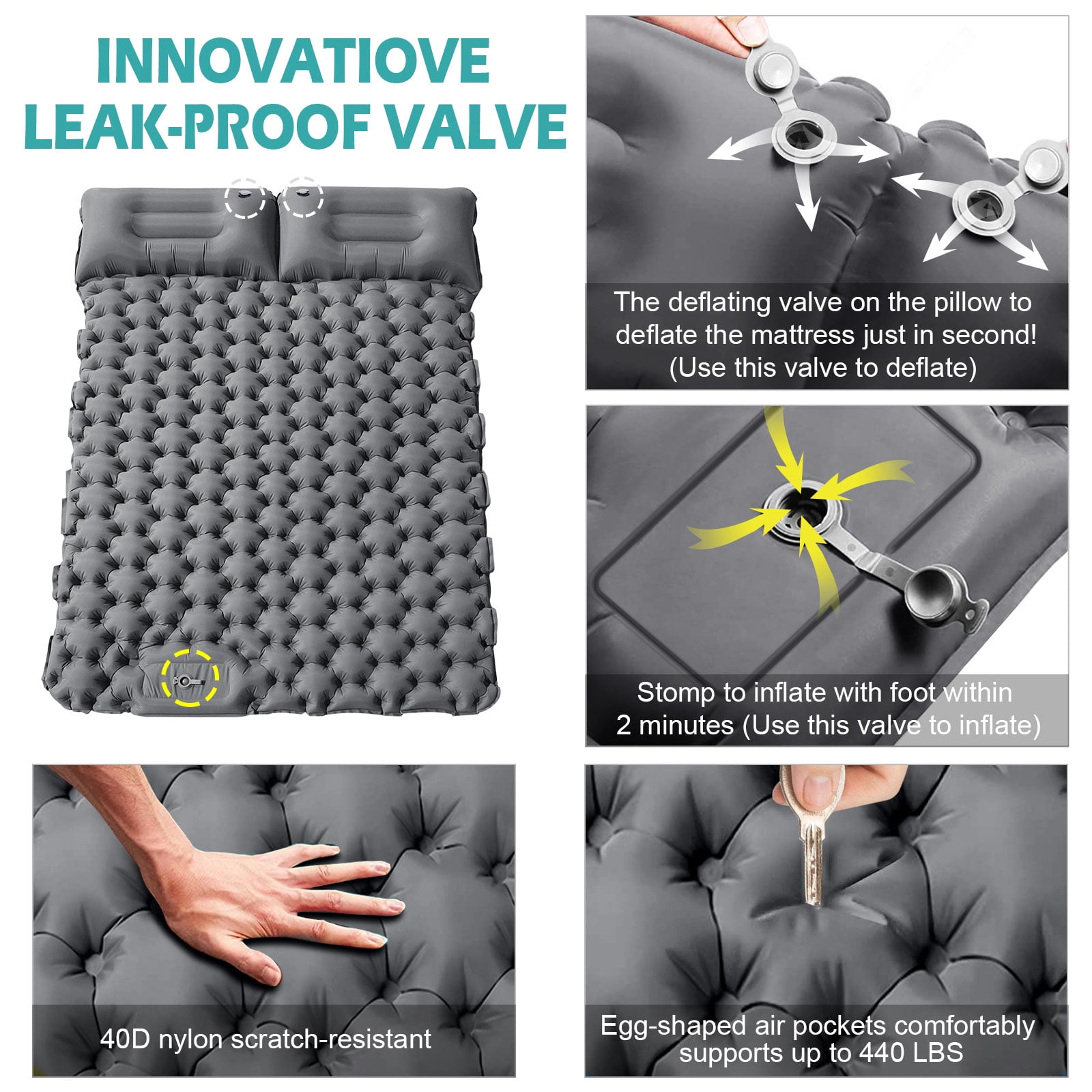 Eurhowing Double Sleeping Pad 4" Thick, 2 Person Inflatable Camping Mat with Foot Pump & Pillow, Portable Air Mattress for Backpacking Hiking Tent Travel, Gray