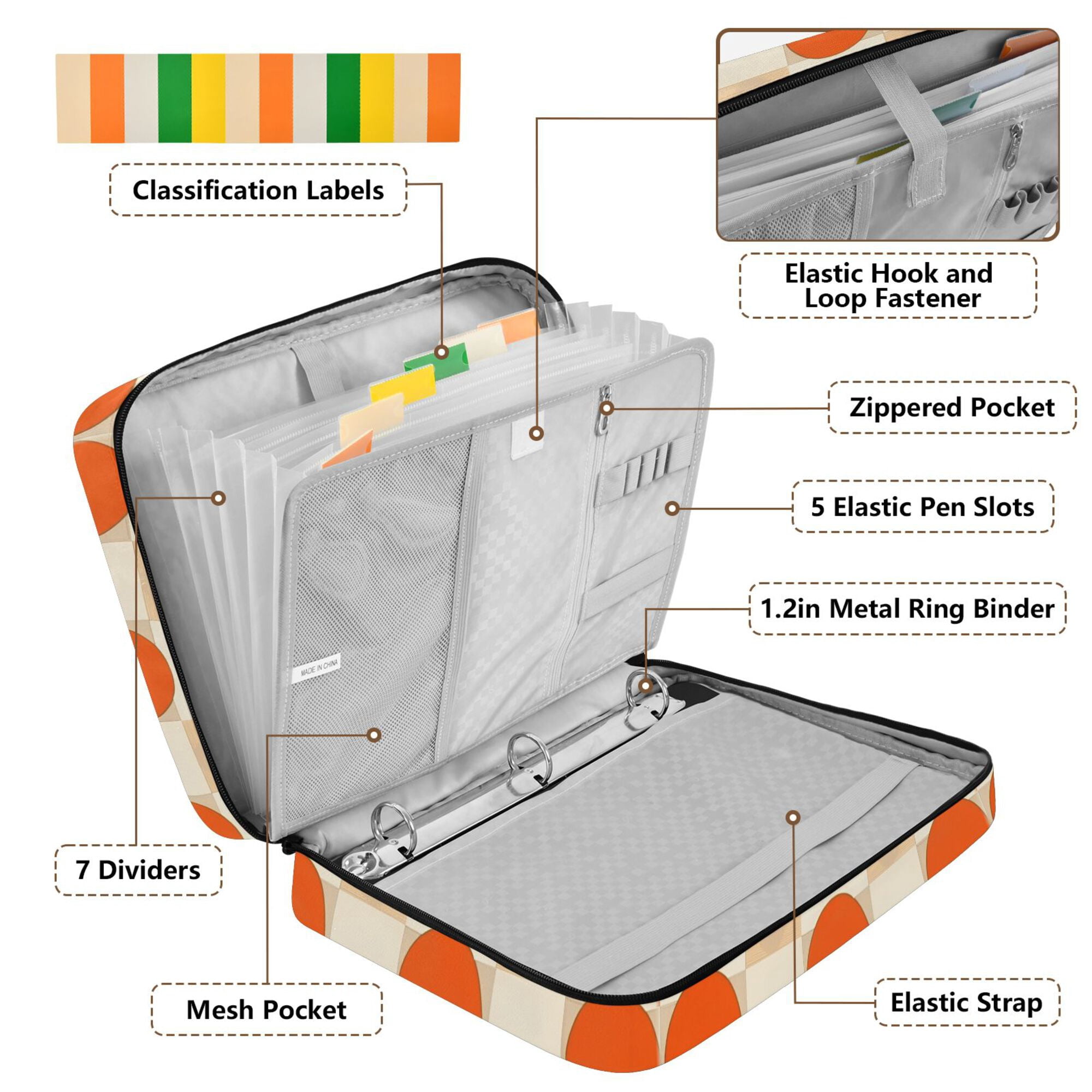 FORMRS Accordion File Folder A4 Size 7-Pocket Expanding Document Organizer Bag with 3 Ring Binder, Orange Geometric Circles