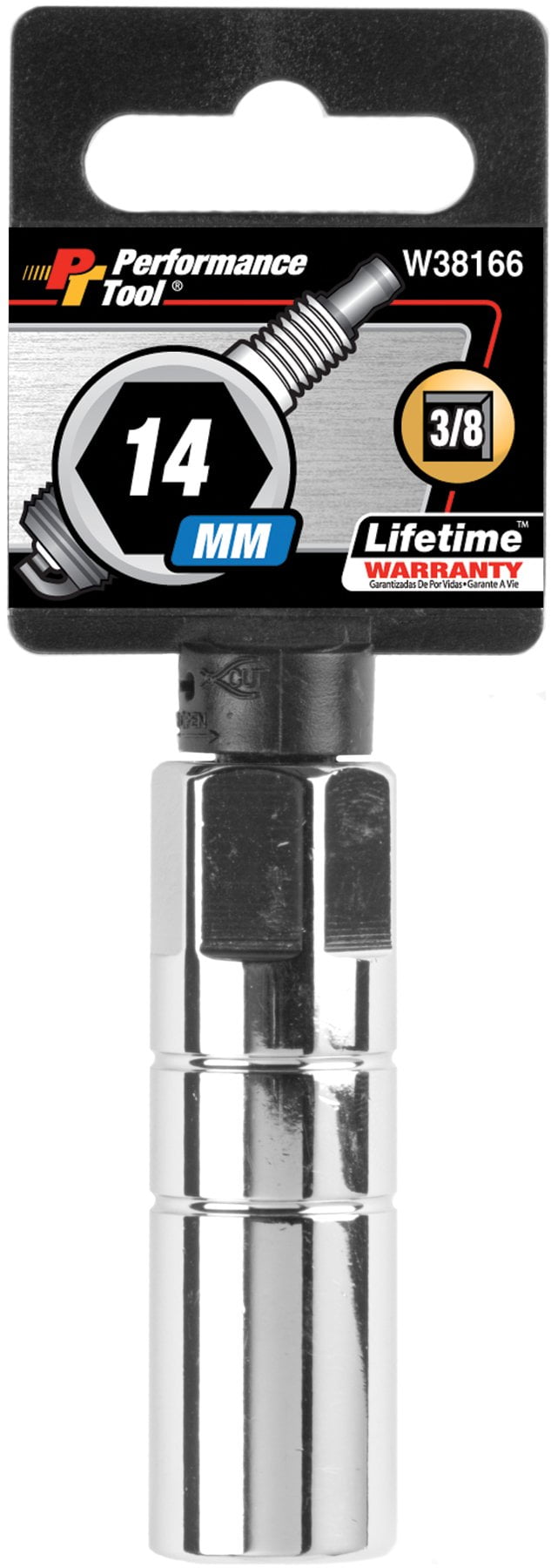 Wilmar W38166 Chrome Spark Plug Socket, 3/8' Drive, 14mm, 6 Point, Deep, With 17mm Hex Bolster