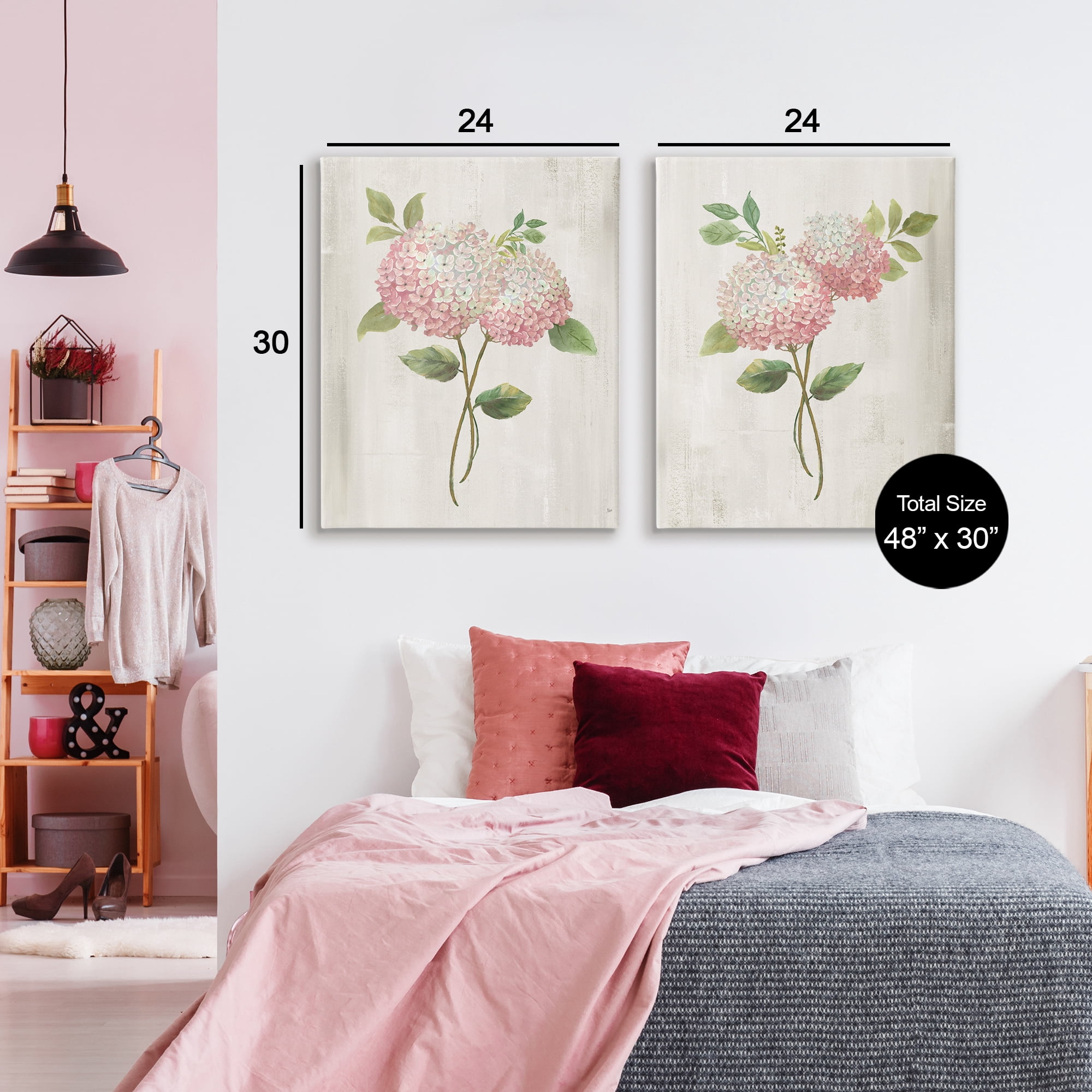 Stupell Industries Vintage Pink Hydrangea Pairs 2 Piece Canvas Wall Art Set, design by Nan