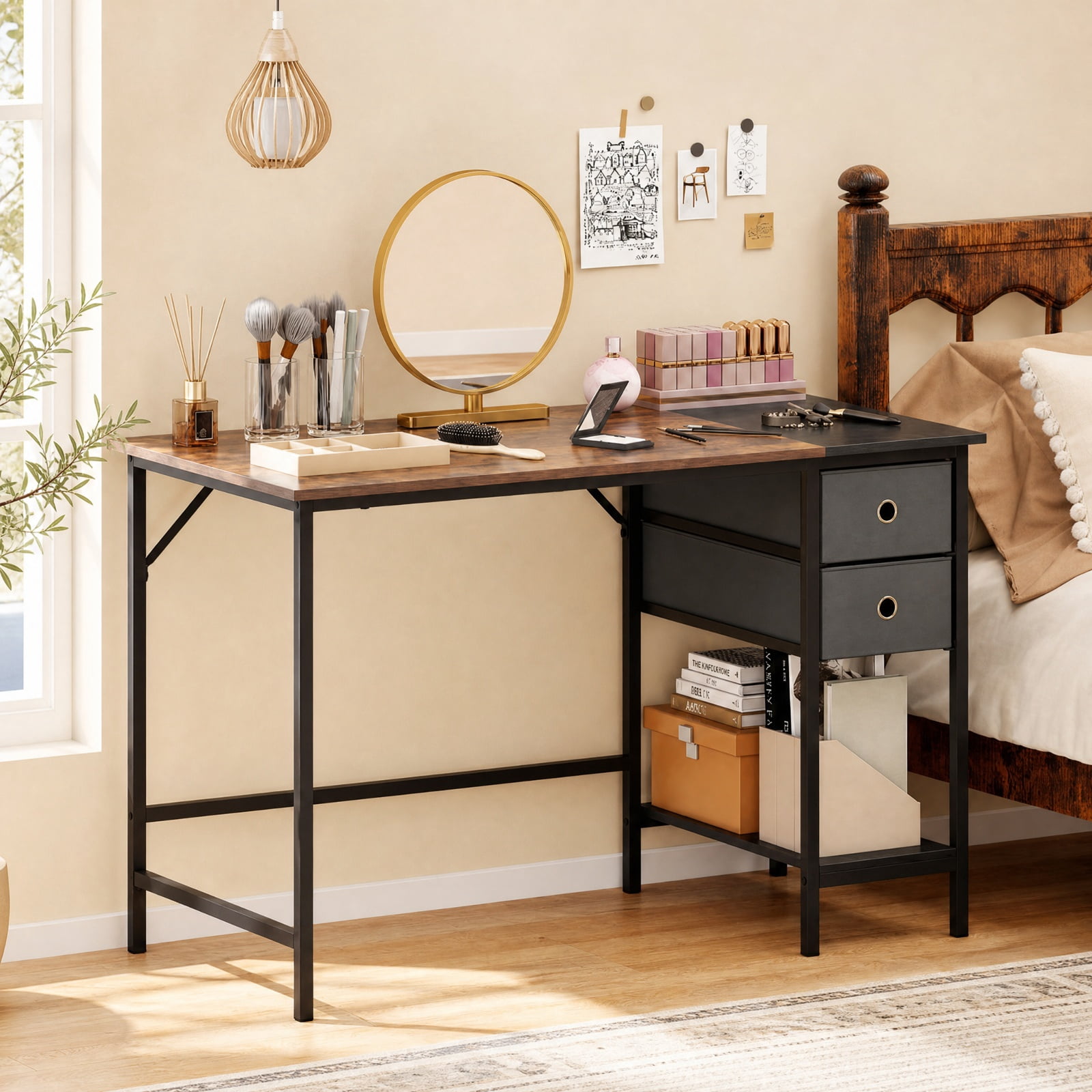 Furnibear 48 Inch Computer Desk with 2 Fabric Drawers Industrial Home Office Desk for Home Office Study Computer Writing Workstation, Rustic Brown