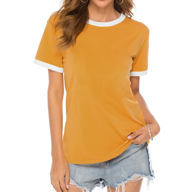 Women White Border Tee Crew Neck Short Sleeve Plain Top