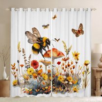 Homewish Cartoon Bee Animal Black Out Curtains for Kids, Mushroom Plant Botanical Curtains Pack of 2 (42x63 Each), Orange Groovy Floral Bedroom Curtains, Curtains Blackout Decor