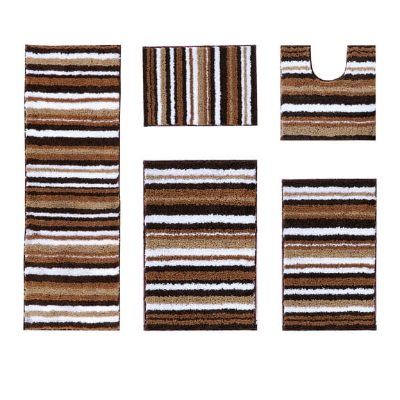 Better Trends 5 Piece Bathroom Rug Set 100% Polyester Soft Water Absorbent Non Slip Bath Mat Machine Washable Rug Griffie Collection - Brown