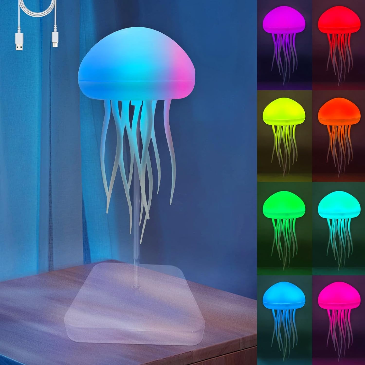 Upgraded Jellyfish Lamp with Jelly Fish Light Lamp with Dancing Legs with Base, Voice Control Jellyfish Night Light Soothing Mood Light for Bedroom, Living Room, Office Night Light, Sleep Aid, Anxiet