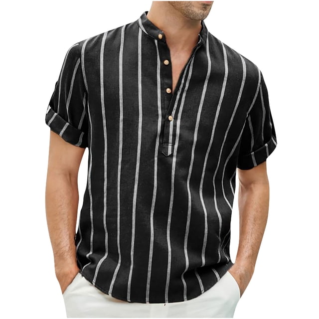Shirts for Men, Mens Fashionable Short Sleeved Stand Up Collar Button Top