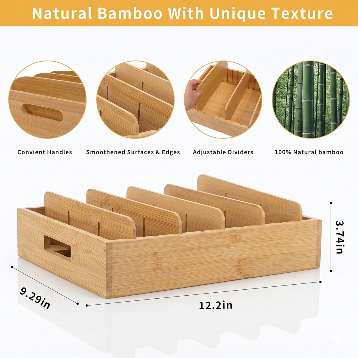 Kitchen Cabinet Organizer for Food Storage Container Lids with Adjustable Dividers Bamboo Drawer Caddy Box for Kitchen Storage And Organization