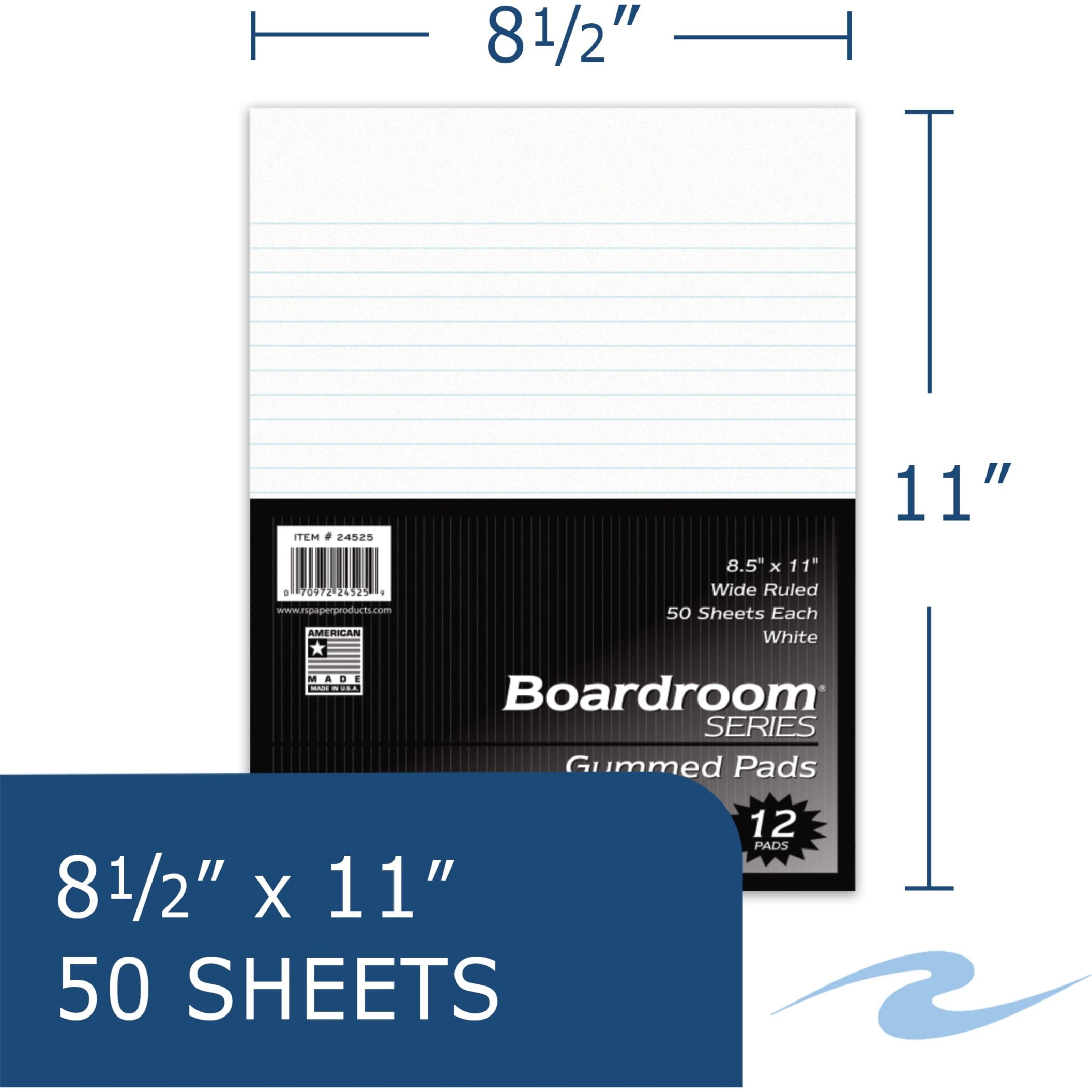 Roaring Spring Boardroom Series Wide Ruled Gummed Glue Top Legal Pads, 1 Case (Six 12 Packs), 8.5" x 11" 50 Sheets, White Paper