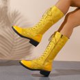 thumbnail image 3 of Rokment Vintage Embossed Mid Calf Combat Boots for Women Ethnic Casual Leather Patchwork Chunky Block Low Heels Lace up Knee High Tall Dress Booties, 3 of 9