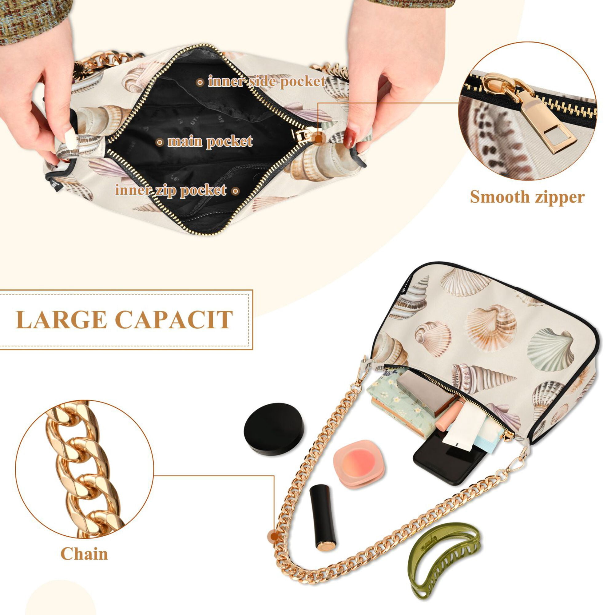 FORMRS Womens Shoulder Bag with Chain Strap Clutch Purse Cute Tote Handbag, Green Watercolor Seashells