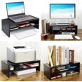 thumbnail image 3 of 2 Tiers Wooden Desktop Monitor Stand Riser 20 Inch Printer Stand with Double Storage Small TV Riser Laptop Keyboard Holder Business Desk Organizer Shelf Black Bookshelf, 3 of 13
