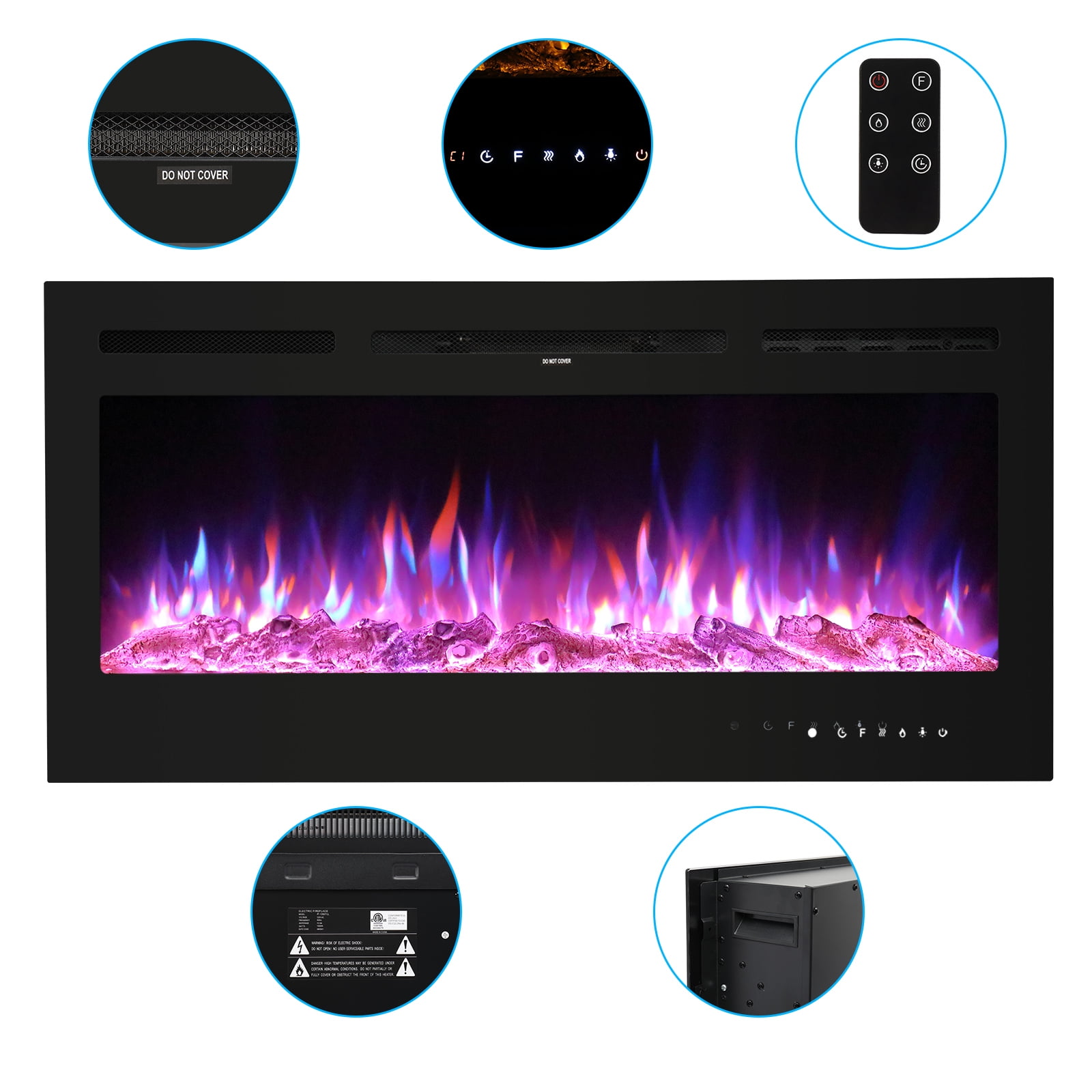 Kepooman1500W Sheet Metal Glass Recessed Electric Fireplace, 40in Wall Mounted Freestanding Portable Room Heater With Display, Fake Firewood, Crystal Stone, Remote Control Colorful, Black Kepooman1500W Sheet Metal Glass Recessed Electric Fireplace, 40in Wall Mounted Freestanding Portable Room Heater With Display, Fake Firewood, Crystal Stone, Remote Control Colorful, Black