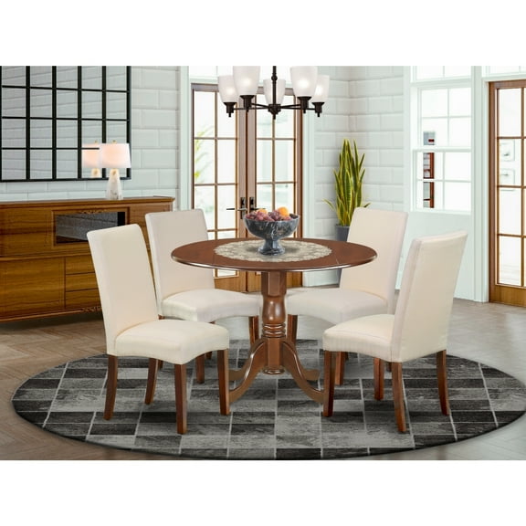 Boho Kitchen Table Set 5pc Round 42" Table w/ Drop Leaves & 4 Cream Linen Chairs