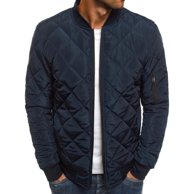 Mikilon Men Solid Casual Stand-up Collar Zipper Diamond Stitched Pocket Jacket Coats