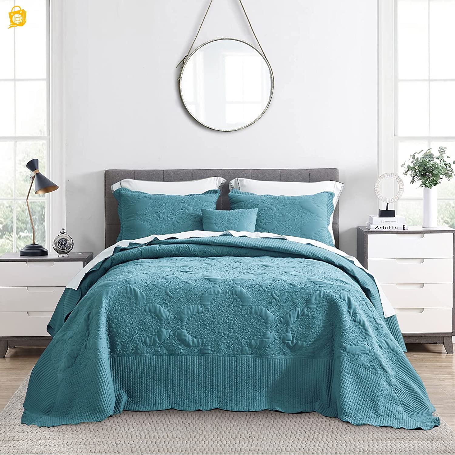 Oversized King Bedspread Blue 128x120 Extra Wide Coverlet Bedding Set