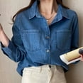 thumbnail image 4 of QATAINLAV Women's Long Sleeve Denim Jean Shirts Button Down Lapel Collar Shacket Business Casual Tops with Pockets Blue S, 4 of 7
