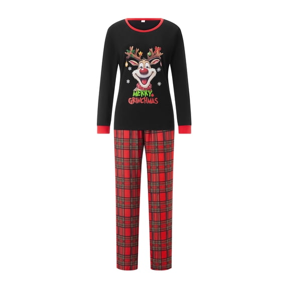 Argulvti Family Matching Pajamas Christmas Elk Print Long Sleeve Tops and Elastic Plaid Pants Set for Loungewear Soft Sleepwear