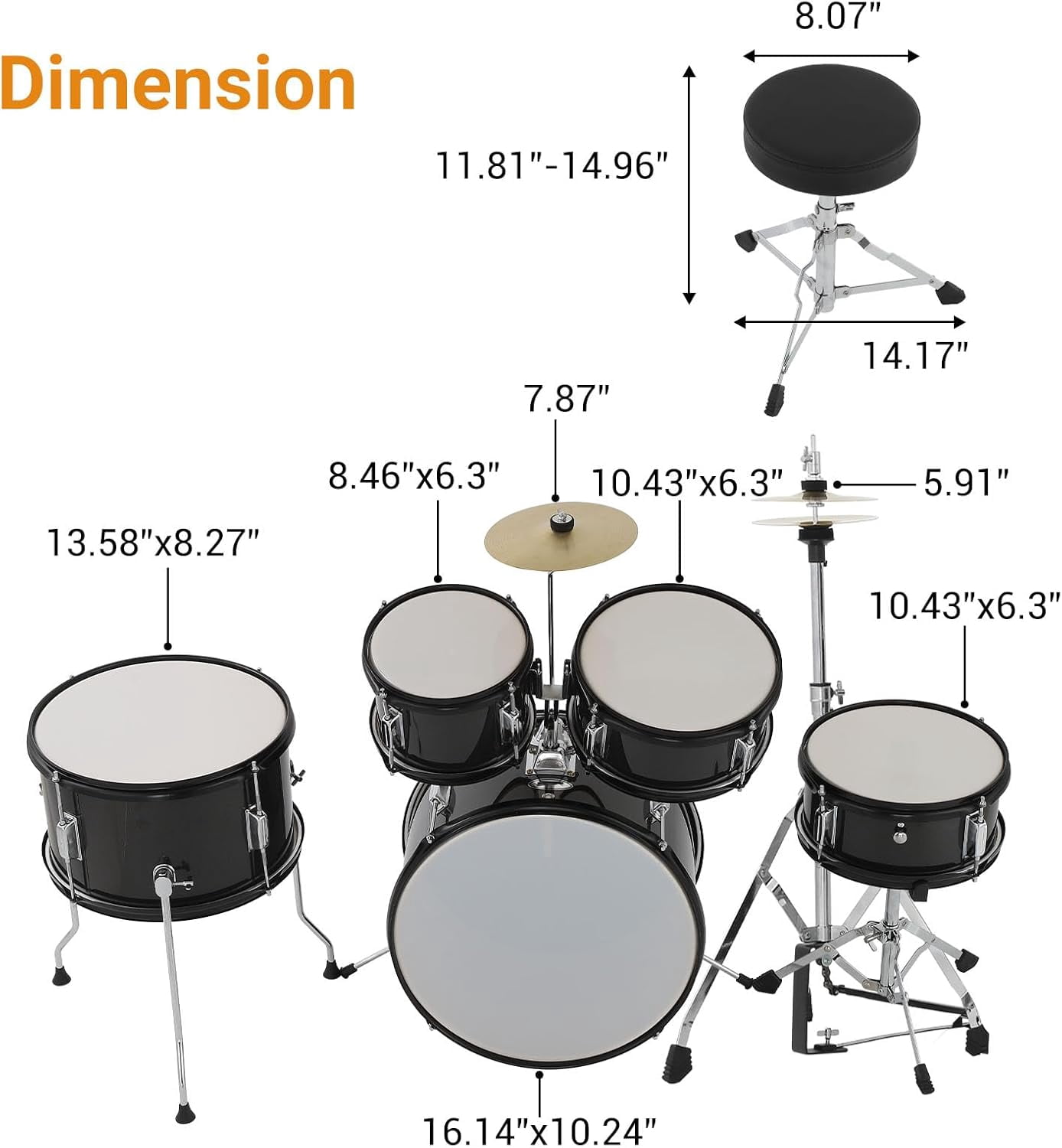 TEQIN Kids Drum Set,Junior Drum Kit,Drum Set for Musical Instruments,Full 16in Youth Drum Set With Bass Drum,Tom, Snare Drum,Hi-Hat,Cymbal and Drum Pedal for Beginner,5-Piece for Beginners