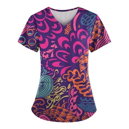 

TKing Fashion Women Plus Size Scrubs Top V-Neck Short Sleeve Animal Print Pockets Work Blouse for Women Purple 2XL