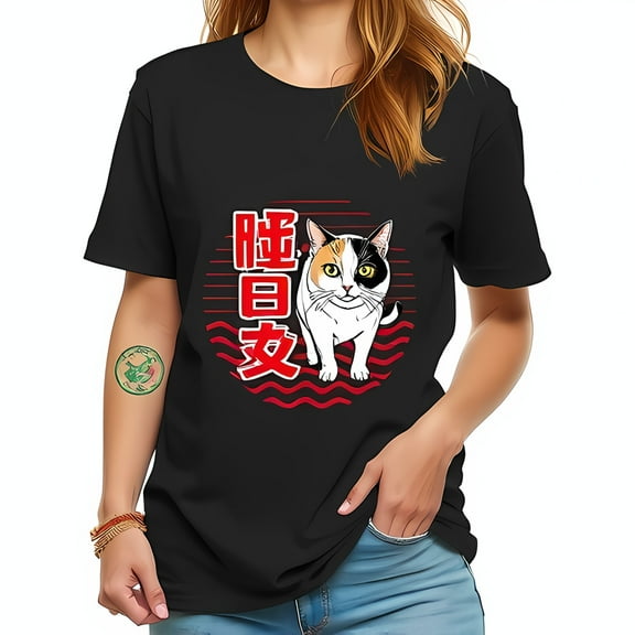 Charming Calico Cat Graphic T-Shirt with Japanese Characters and Wave Patterns - Casual Wear for Cat Lovers