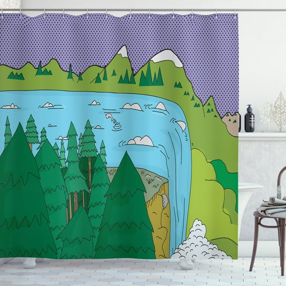 Adventure Shower Curtain, Cartoon Style Print of Fish Jumping near the Edge of a Waterfall in the Wild, Fabric Bathroom Set with Hooks, 69W X 84L Inches Extra Long, Multicolor, by Ambesonne