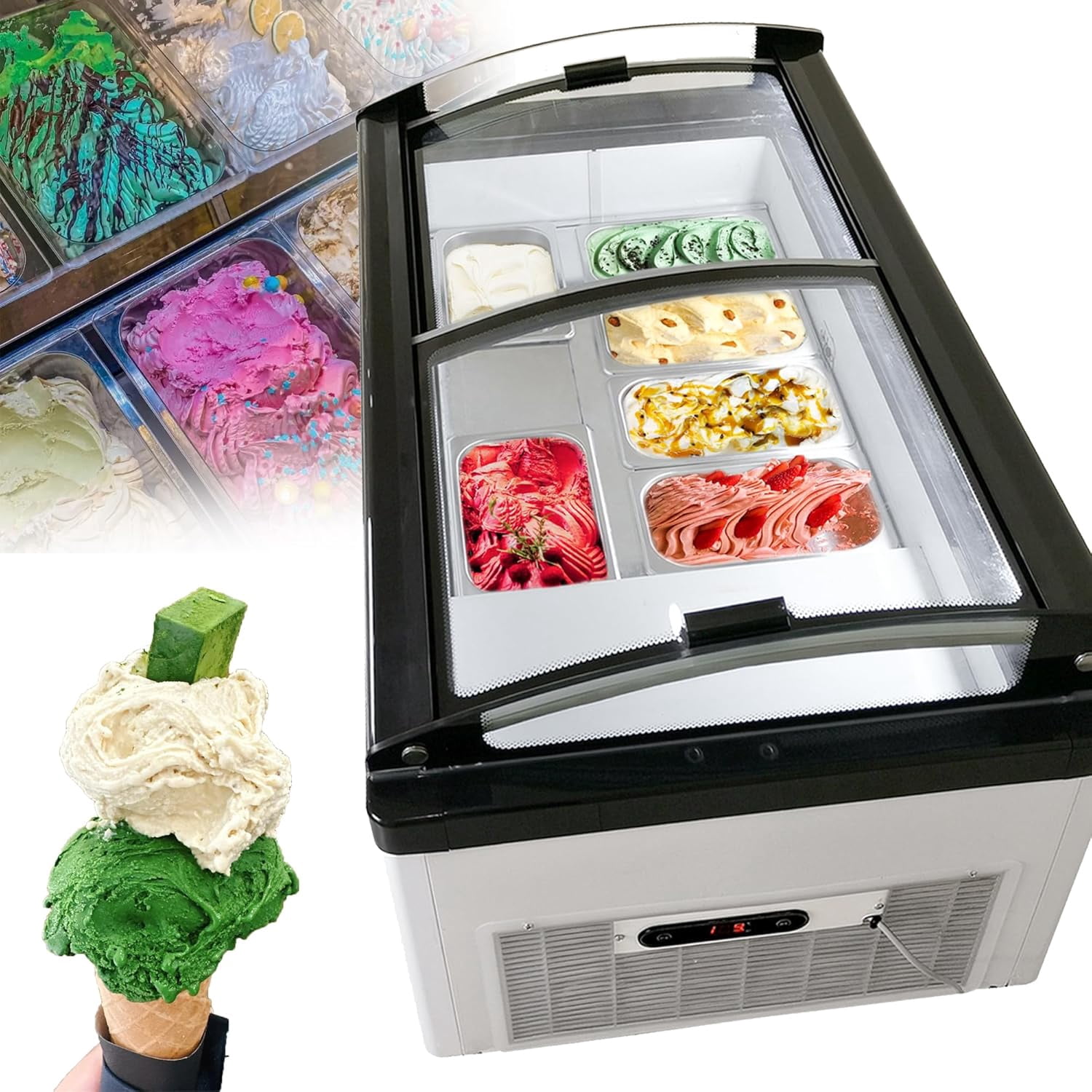 Mvckyi Commercial Ice Cream Dipping Cabinet Display Case, Glass Top Ice Cream Display Freezer, 6 Large Pans, Gelato Freezer Display Case, 6.4 Cu. Ft. for Bar, Restaurant
