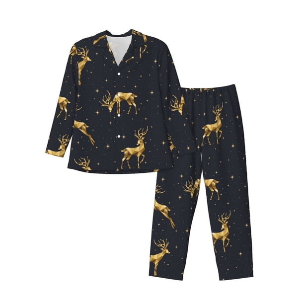 Balery Christmas Deers Pijama para Hombre de Dos Piezas con Manga Larga, Conjunto de Dormir y Descanso Suave con Bolsillos-Large