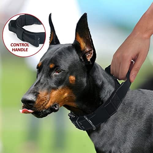 Reflective Dog Collar Heavy Duty Tactical with Control Handle and Metal Buckle for Dog Training(Large, Black)