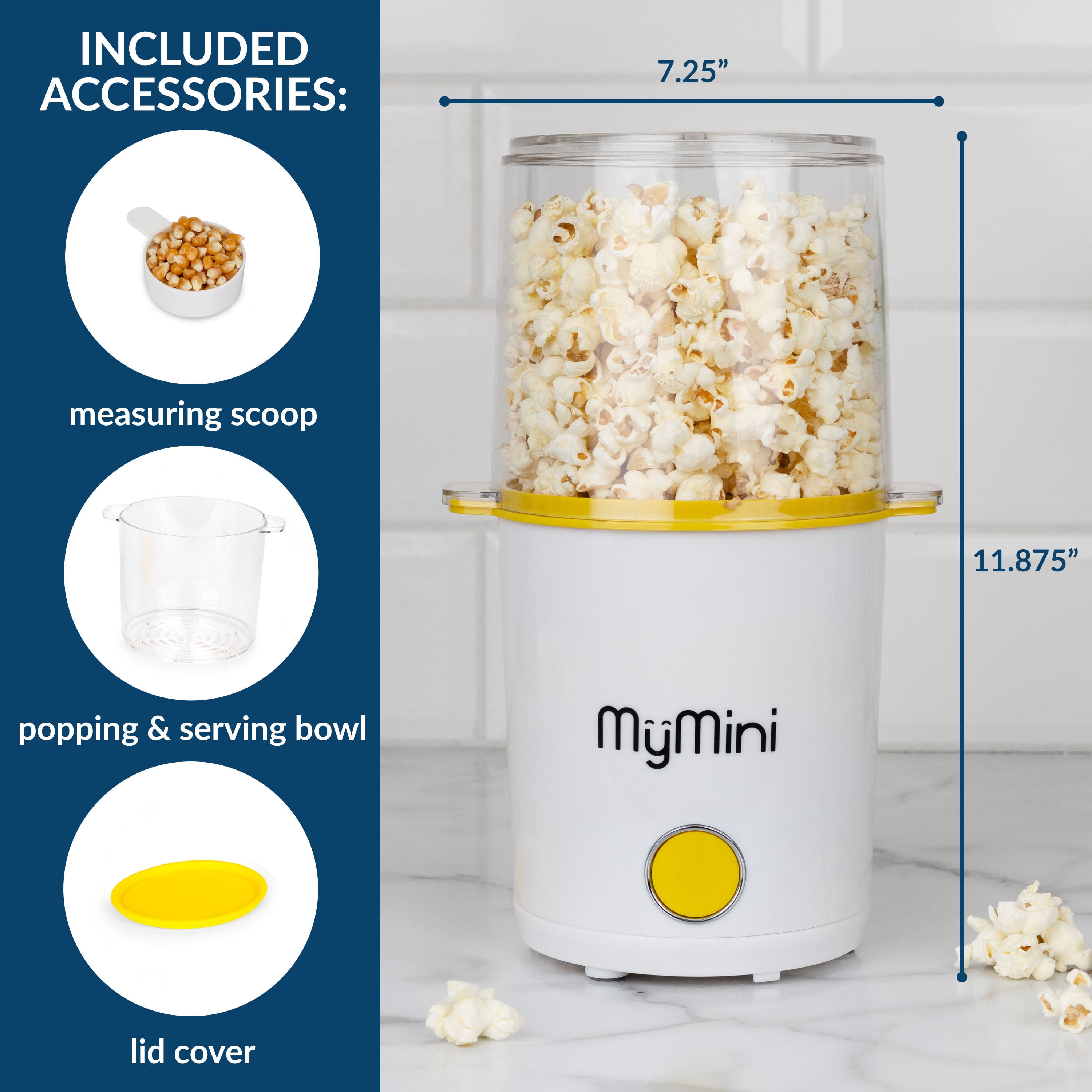 MyMini 8-Cup Hot Air Electric Popcorn Popper and Bowl, 800 Watts, White & Yellow